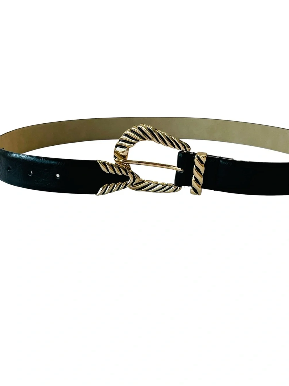 Black Leather Belt with Twisted Gold Buckle